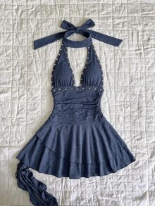 Elamini 性感辣妹復古掛脖V領純色抓皺腰部荷葉邊女款洋裝 - 霧霾藍 - 查看 3