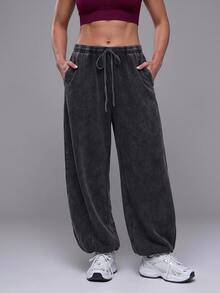 Voyena Legging Olahraga Kasual Serbaguna untuk Pakaian Sehari-hari, Ukuran Plus untuk Wanita dengan Tali Serut di Pinggang - Dark Grey - View 2