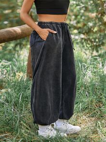 Voyena Legging Olahraga Kasual Serbaguna untuk Pakaian Sehari-hari, Ukuran Plus untuk Wanita dengan Tali Serut di Pinggang - Dark Grey - View 6