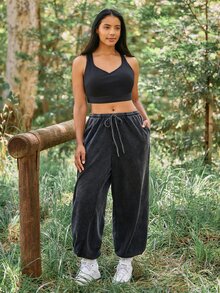 Voyena Legging Olahraga Kasual Serbaguna untuk Pakaian Sehari-hari, Ukuran Plus untuk Wanita dengan Tali Serut di Pinggang - Dark Grey - View 8