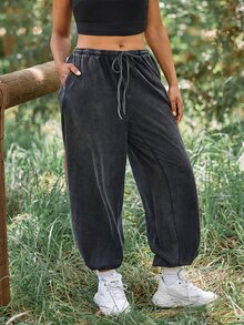 Voyena Legging Olahraga Kasual Serbaguna untuk Pakaian Sehari-hari, Ukuran Plus untuk Wanita dengan Tali Serut di Pinggang - Dark Grey - View 4