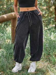 Voyena Legging Olahraga Kasual Serbaguna untuk Pakaian Sehari-hari, Ukuran Plus untuk Wanita dengan Tali Serut di Pinggang - Dark Grey - View 11