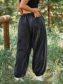 Voyena Legging Olahraga Kasual Serbaguna untuk Pakaian Sehari-hari, Ukuran Plus untuk Wanita dengan Tali Serut di Pinggang - Dark Grey - View 10