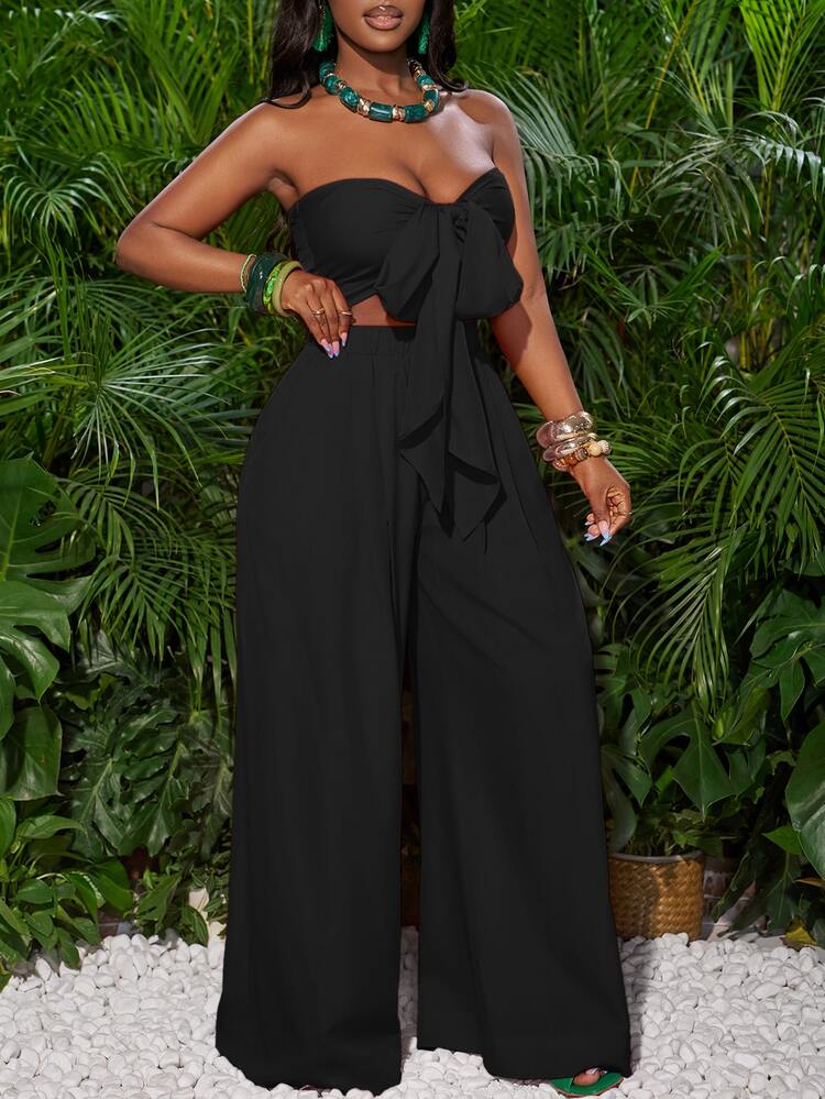 Slaydiva Plus Size Women's Solid Color Front Tie Tube Top And Wide Leg Pants Vacation Set - Black - View 6