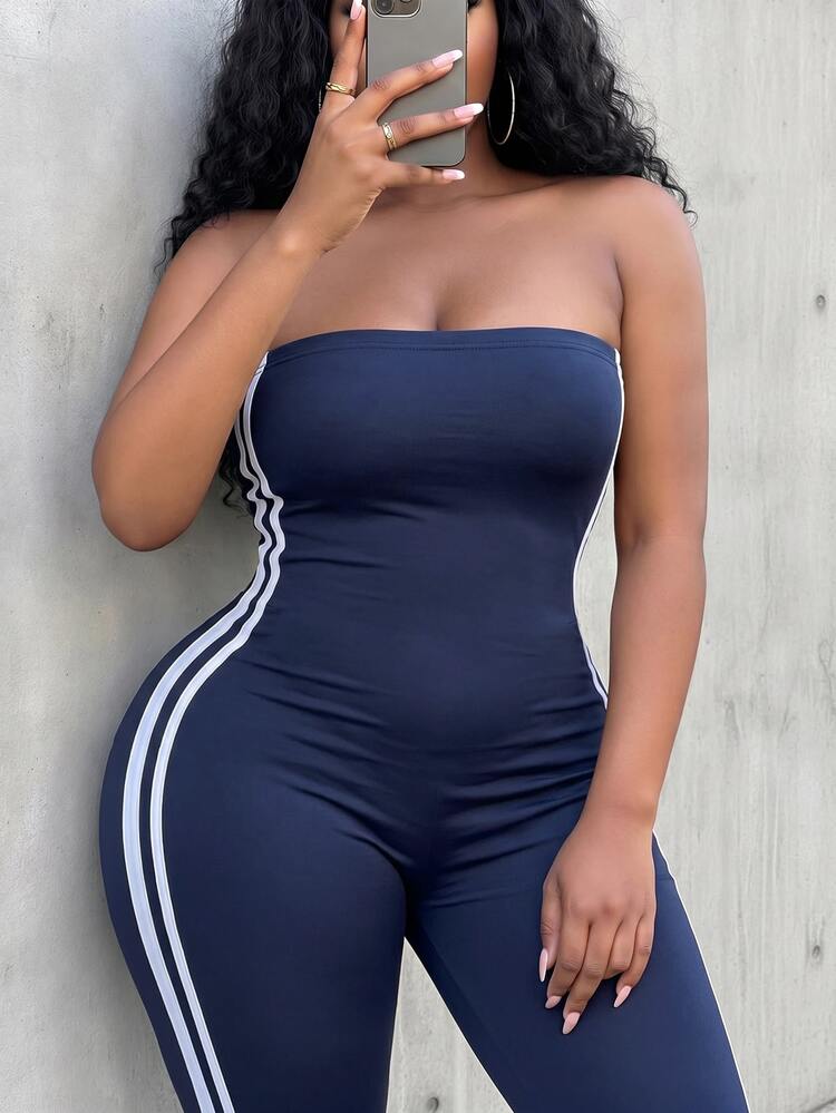 Slaydiva Plus Size Navy Blue Summer Casual Hiking Sleeveless Bandeau Fitted Jumpsuit,Capri Side Slit Skinny Pants With Contrast Woven Belt Decor,Y2K Streetwear - Navy Blue - View 6