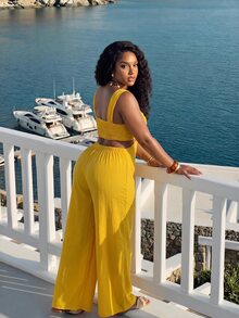 Slaydiva Women's Plus Size Extra Long Jumpsuit,Butter Yellow Textured Wide-Leg Bohemian Design With Cutouts,Perfect For Summer,Beach,Vacation,Holiday&Travel - Yellow - View 3
