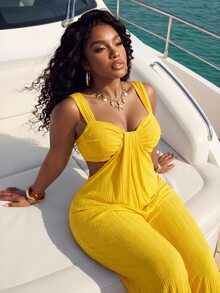 Slaydiva Women's Plus Size Extra Long Jumpsuit,Butter Yellow Textured Wide-Leg Bohemian Design With Cutouts,Perfect For Summer,Beach,Vacation,Holiday&Travel - Yellow - View 4