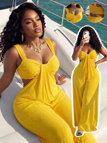 Slaydiva Women's Plus Size Extra Long Jumpsuit,Butter Yellow Textured Wide-Leg Bohemian Design With Cutouts,Perfect For Summer,Beach,Vacation,Holiday&Travel - Yellow - View 2