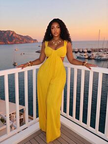 Slaydiva Women's Plus Size Extra Long Jumpsuit,Butter Yellow Textured Wide-Leg Bohemian Design With Cutouts,Perfect For Summer,Beach,Vacation,Holiday&Travel - Yellow - View 5