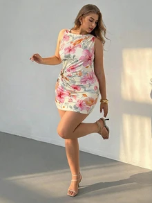 Auralis 大尺碼女款花卉印花抓皺腰部優雅熱帶性感度假洋裝 婚禮賓客穿著 粉色夏季 - 彩色 - 查看 2