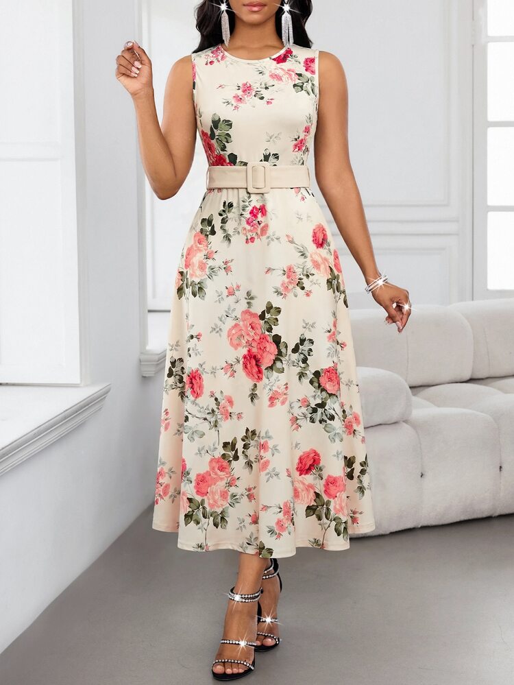 SHEIN Lady Women's Solid Color 3/4 Sleeve Open Front Jacket And Floral Print Dress Elegant Cute 2-Piece Set Teachers' Day Church Tea Formal Beige Autumn - Multicolor - View 6