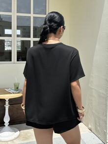 Muchica 大尺碼純色圓領短袖T恤與短褲兩件套休閒居家套裝，黑色夏季傳統款 - 黑色 - 查看 2