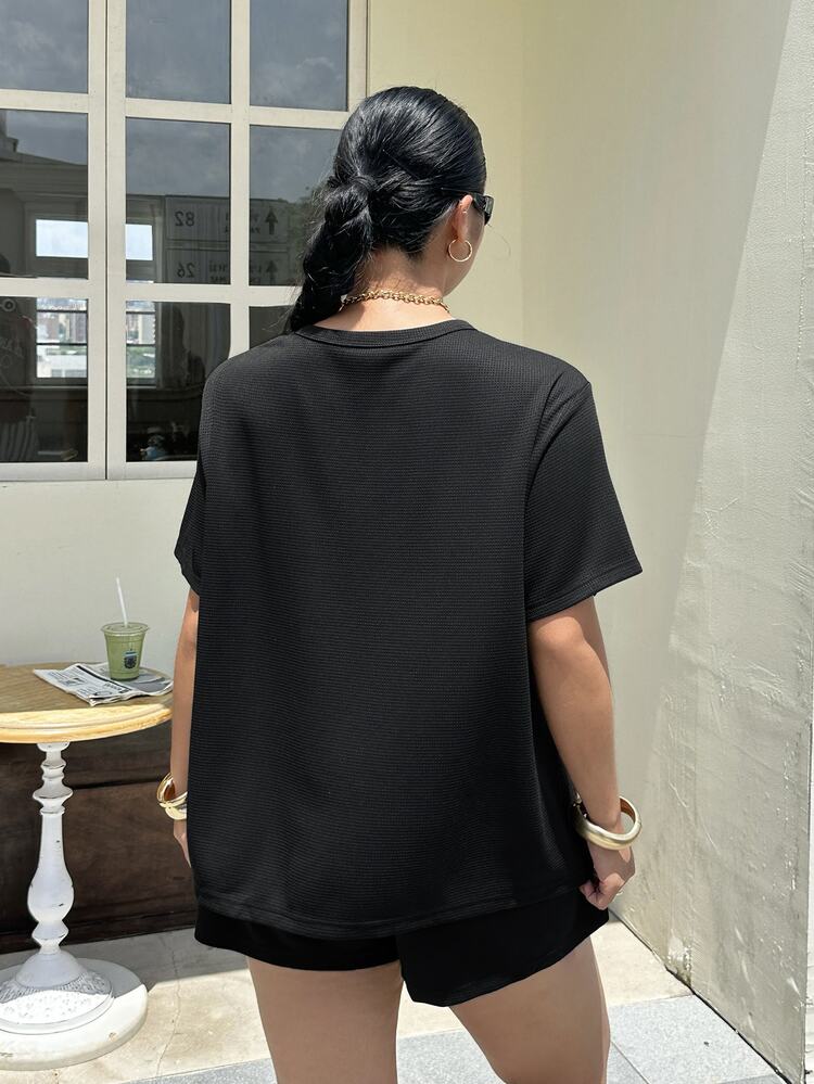Muchica Plus Size Solid Color Crew Neck Short Sleeve T-Shirt And Shorts 2-Piece Set Lounge Brunch Black Summer Traditional - Black - View 2