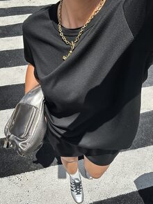 Muchica 大尺碼純色圓領短袖T恤與短褲兩件套休閒居家套裝，黑色夏季傳統款 - 黑色 - 查看 1