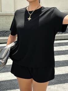 Muchica 大尺碼純色圓領短袖T恤與短褲兩件套休閒居家套裝，黑色夏季傳統款 - 黑色 - 查看 3