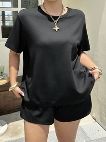 Muchica 大尺碼純色圓領短袖T恤與短褲兩件套休閒居家套裝，黑色夏季傳統款 - 黑色 - 查看 6