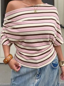 Muchica Plus Size Women's Striped Colorblock Fashion Asymmetrical Shoulder Top - Multicolor - View 4