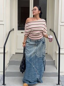 Muchica Plus Size Women's Striped Colorblock Fashion Asymmetrical Shoulder Top - Multicolor - View 6