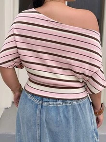 Muchica Plus Size Women's Striped Colorblock Fashion Asymmetrical Shoulder Top - Multicolor - View 2