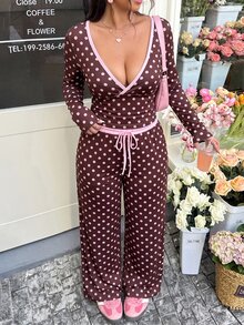 GalTyme طقم نسائي مقاس كبير من قطعتين بطبعة نقاط بولكا، ملابس علوية بأكمام طويلة وربطة أمامية مع بنطال، للخريف - متعدد الألوان - مشاهدة 1