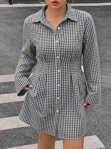Muchica Women's Plaid Single-Breasted Pleated Casual Daily Dress Fall - Black and White - View 5