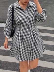 Muchica Women's Plaid Single-Breasted Pleated Casual Daily Dress Fall - Black and White - View 3