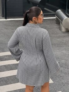 Muchica Women's Plaid Single-Breasted Pleated Casual Daily Dress Fall - Black and White - View 2
