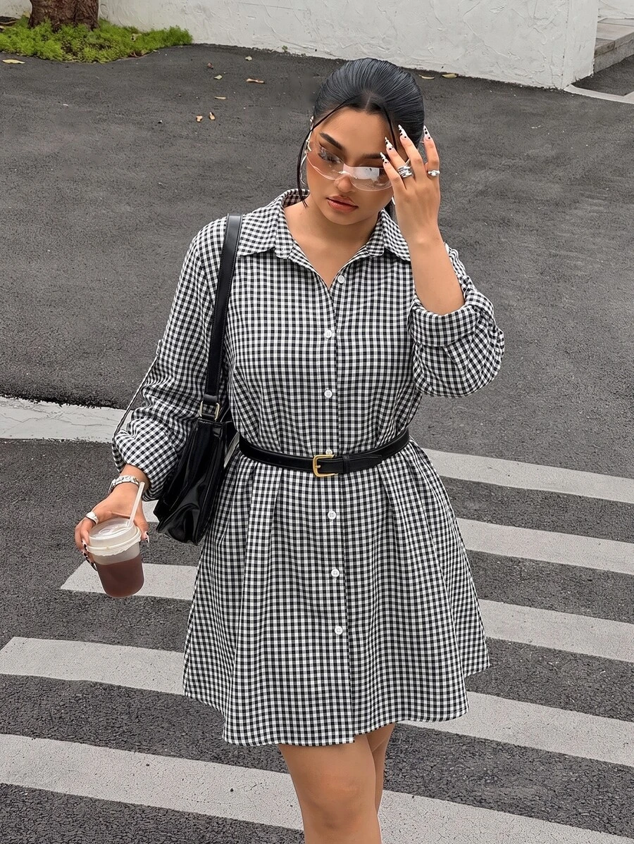Muchica Women's Plaid Single-Breasted Pleated Casual Daily Dress Fall - Black and White - View 1