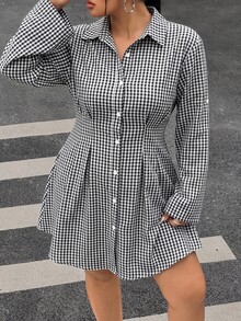 Muchica Women's Plaid Single-Breasted Pleated Casual Daily Dress Fall - Black and White - View 4