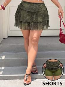 Muchica Plus Size A-Line Skirt With Side Drawstring Detail, Spring Summer - Green - View 8