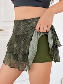 Muchica Plus Size A-Line Skirt With Side Drawstring Detail, Spring Summer - Green - View 7