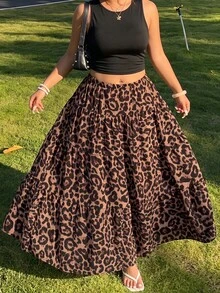 GalTyme Plus Size Women's Solid Color Round Neck Top And Leopard Print Skirt Casual Daily 2-Piece Set - Multicolor - View 4