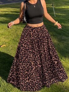 GalTyme Plus Size Women's Solid Color Round Neck Top And Leopard Print Skirt Casual Daily 2-Piece Set - Multicolor - View 3
