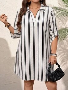Comfylo 大尺碼女款白色拼色休閒常規傳統日常穿著洋裝，適合秋季教師節、正式場合與約會之夜 - 黑與白 - 查看 9