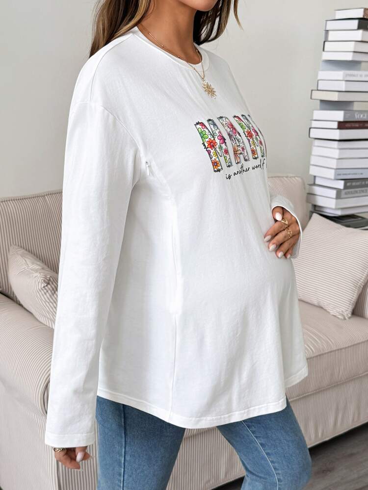 SHEIN 孕婦字母印花圓領落肩長袖寬鬆哺乳上衣 秋季基礎款可愛時尚外出穿搭 - 白色 - 查看 5