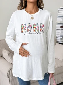 SHEIN Maternity Letter Print Crew Neck Drop Shoulder Long Sleeve Loose Nursing Top Fall Basic Cute Chic Going Out - White - View 6
