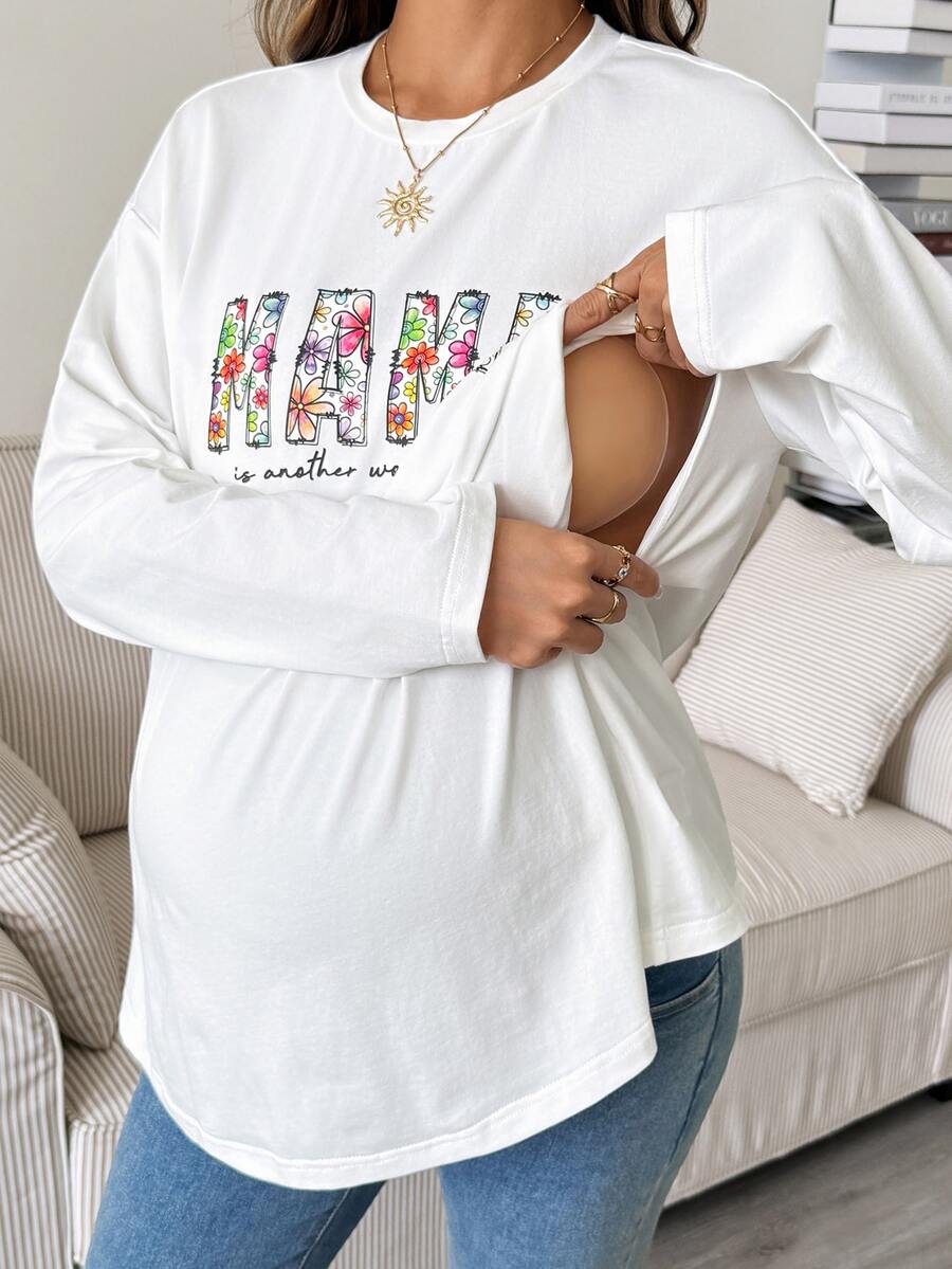 SHEIN Maternity Letter Print Crew Neck Drop Shoulder Long Sleeve Loose Nursing Top Fall Basic Cute Chic Going Out - White - View 1