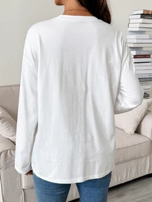 SHEIN Maternity Letter Print Crew Neck Drop Shoulder Long Sleeve Loose Nursing Top Fall Basic Cute Chic Going Out - White - View 7