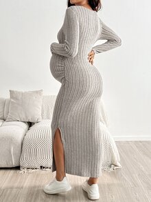 SHEIN Maternity Casual Solid Color Side Slit Fitted Dress Fall - White - View 9