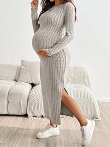 SHEIN Maternity Casual Solid Color Side Slit Fitted Dress Fall - White - View 8