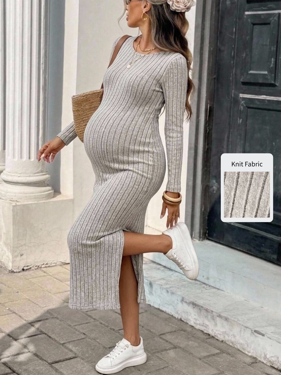 SHEIN Maternity Casual Solid Color Side Slit Fitted Dress Fall - White - View 1