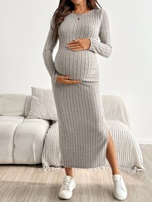 SHEIN Maternity Casual Solid Color Side Slit Fitted Dress Fall - White - View 4