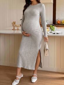 SHEIN Maternity Casual Solid Color Side Slit Fitted Dress Fall - White - View 2