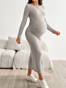 SHEIN Maternity Casual Solid Color Side Slit Fitted Dress Fall - White - View 5