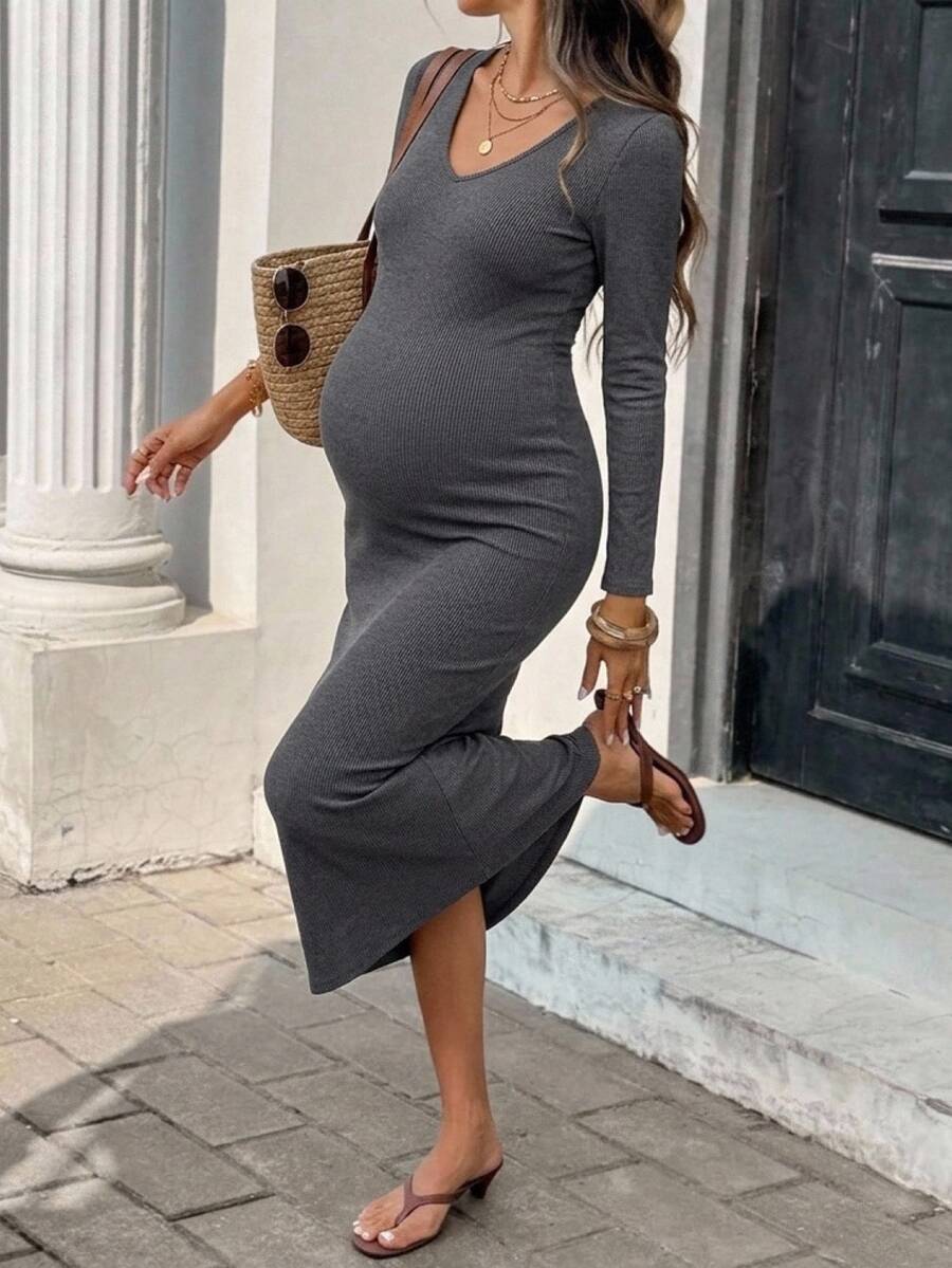 SHEIN 孕婦純色休閒日常連身裙 秋季