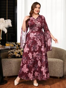 Reflora Plus Size Elegant Floral Print Faux Pearl Decor V-Neck Dress Fall - Multicolor - View 4