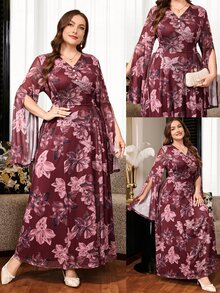 Reflora Plus Size Elegant Floral Print Faux Pearl Decor V-Neck Dress Fall - Multicolor - View 9