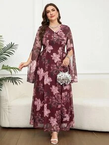Reflora Plus Size Elegant Floral Print Faux Pearl Decor V-Neck Dress Fall - Multicolor - View 1