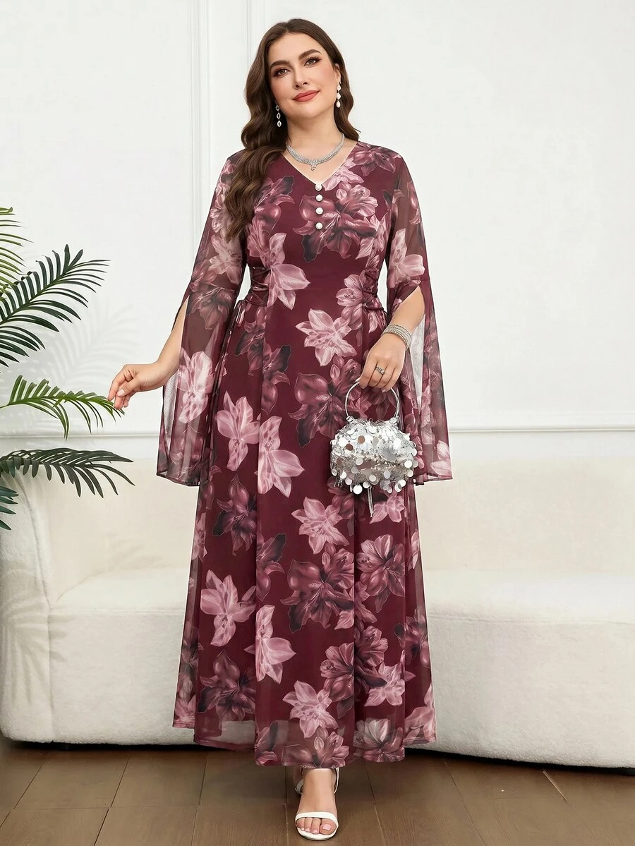 Reflora Plus Size Elegant Floral Print Faux Pearl Decor V-Neck Dress Fall - Multicolor - View 1