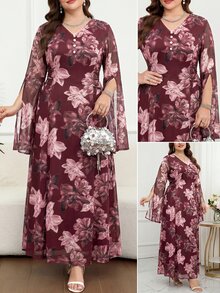 Reflora Plus Size Elegant Floral Print Faux Pearl Decor V-Neck Dress Fall - Multicolor - View 6
